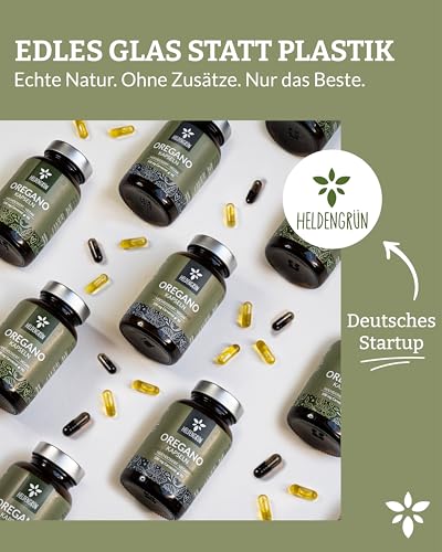 Heldengrün® Oregano & Schwarzkümmelöl Kapseln [HOCHDOSIERT] 100 mg Carvacrol pro Kapsel - Bio Oregano Öl mit +82% Carvacrol aus Griechenland - magensaftresistent, laborgeprüft & vegan - 90 Stück