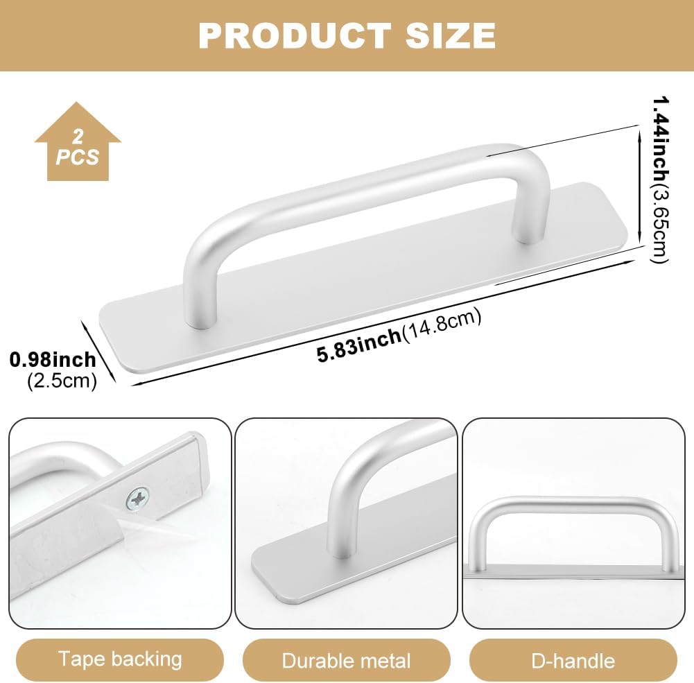CALIDAKA Adhesive Cabinet Handles, 5.83-inch, 2-Pack, Push Pull Handles for Sliding Door, No-Drill Installation -for Kitchen Cabinets, Bathroom Vanities, Sliding Closet Doors (Silver)