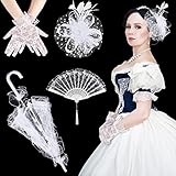 Jecery 18th Century Costume Accessories for women Gothic Victorian Set Lace Parasol Umbrella Tea Party Hats White Gloves Halloween Medieval Colonial Bride Flower Girls Photo Props