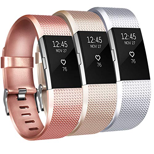 Amzpas 3 Pack Bands Compatible with Charge 2 Bands Small Large Soft Sport Replacement Accessories Wristbands for Women Men (Small, Rose Gold/Champagne/Silver)