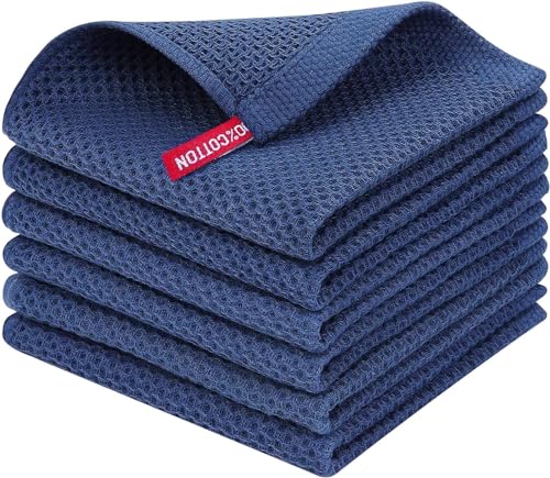 Image of Kitchen Cotton Lint Free Waffle Weave Hand Towels, Quick Drying Dish Cloths, Highly Absorbent Dish Rags Tea Towels Set with Hanging Loop, 13.4 inchx 13.4 inch, Dark Blue, Pack of 6