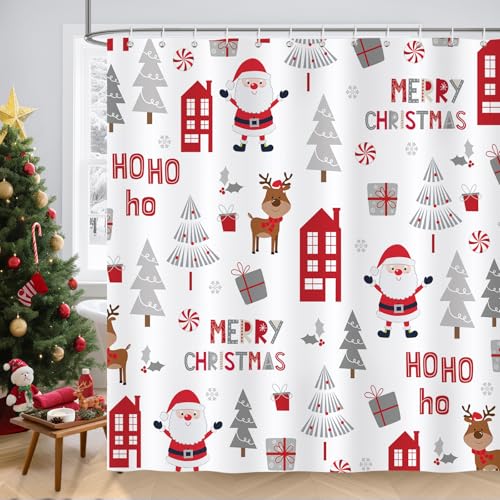 COZZSNUGE Merry Christmas Shower Curtain, Cute Santa Claus Xmas Tree Elk House Modern Winter Bathroom Curtain 180 x 180 cm, Water Repellent Mildew Resistant Polyester with 12 Hooks