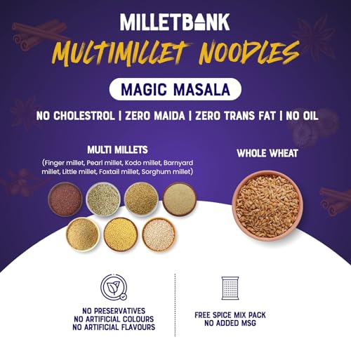 Image of Millet Bank Multigrain Magic Masal Hakka Noodles|Made with 9 Millets & Whole Wheat|Healthy Indian Masala Blend Gluten Free | Pack of 2 (180 g Each)