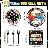 G1ngtar 96Pcs Family Game Night Gaming on Video Game Chess Card Party Plates Supplies - Party Tableware Decorations Disposable Paper Plates Napkins Forks for Birthday Family Gamer, Serves 24 Guest