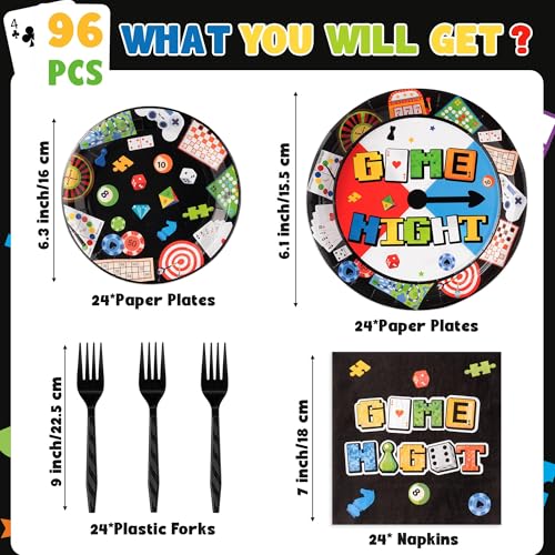 G1ngtar 96Pcs Family Game Night Gaming on Video Game Chess Card Party Plates Supplies - Party Tableware Decorations Disposable Paper Plates Napkins Forks for Birthday Family Gamer, Serves 24 Guest