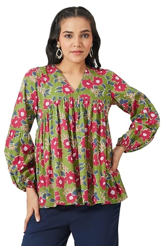 T-shirt femme coton vert Janasya imprimé floral haut manches courtes col rond