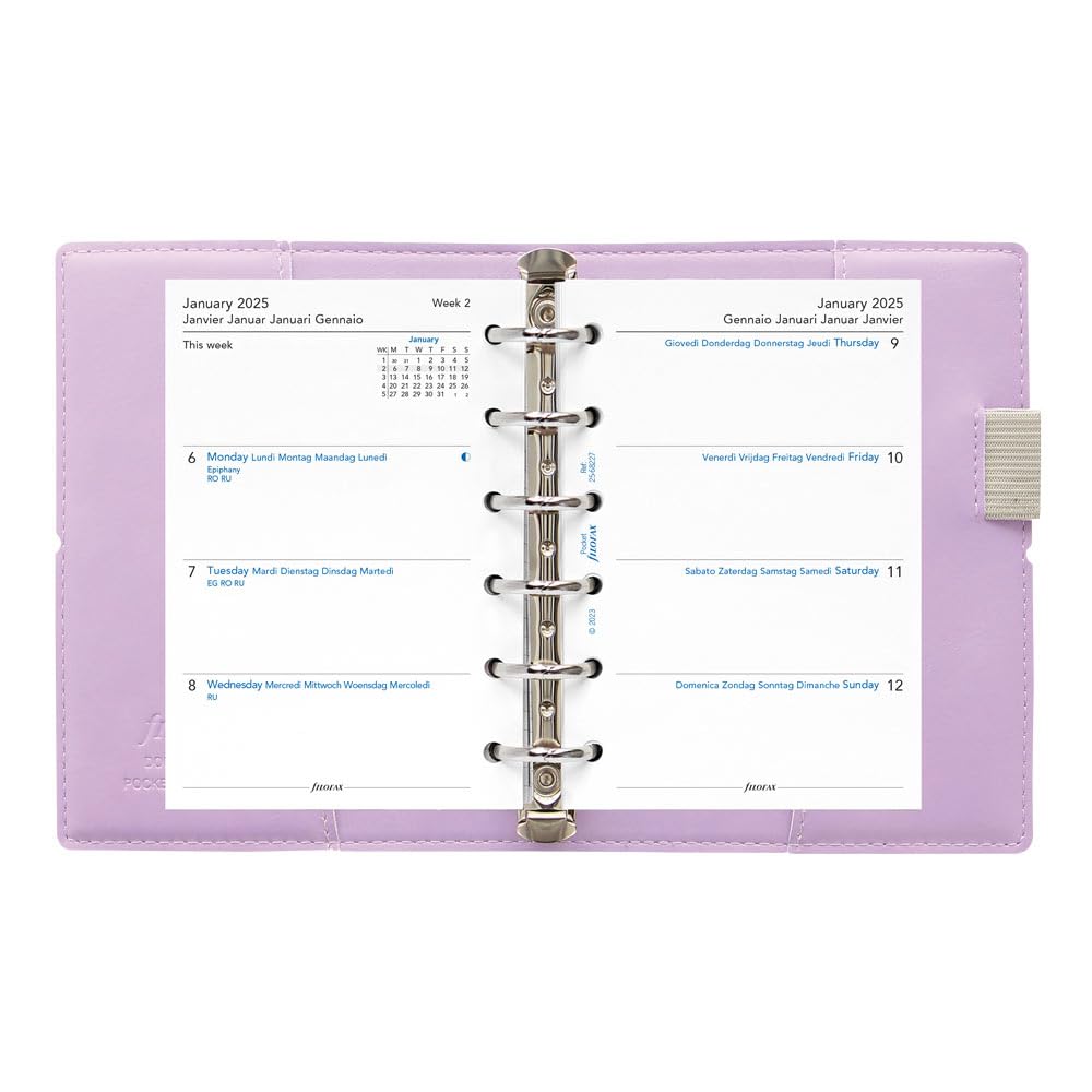 Filofax Domino C022609-25 - Agenda settimanale 2025, formato tascabile, formato tascabile, liscia, effetto pelle, effetto grana, tattile, a sei anelli, visualizzazione settimanale, multilingue