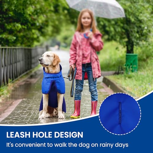 Image of BRKURLEG Dog Raincoat, Waterproof Rain Jacket with Hood, Blue, XXL | Adjustable Windproof Rainproof Jacket with Leash Hole, Reflective Breathable Rain Coat Poncho, for Small to Large Dogs