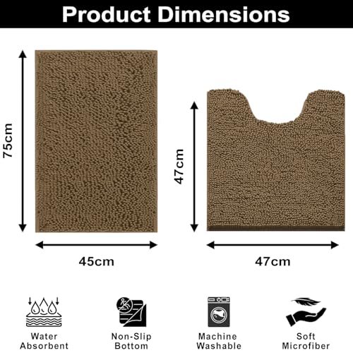 Image of LUXEHOME International Microfibre Chenille Contour Bath Mat Set for Bathroom, Anti Slip Super Absorbent Quick Dry Washable Bathroom Mats, Solid (Chocolate 45x75cm & 47x47cm) Pack of 2
