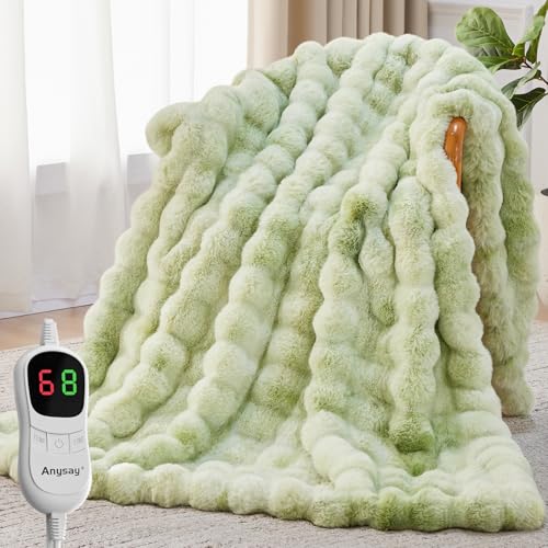 Anysay Heated Blanket Throw with 1/2/4/6/8 Hours Auto-Off 10 Heat Level 50 * 60 Cozy Faux Rabbit Fur Bubble Electric Blanket with Overheat Protection(Tie-Dye Green)