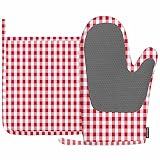 Mxocom Gingham Red White Checked Tartan Heat-Resistant Oven Mitts and Pot Holder Abstract Lattice Cr