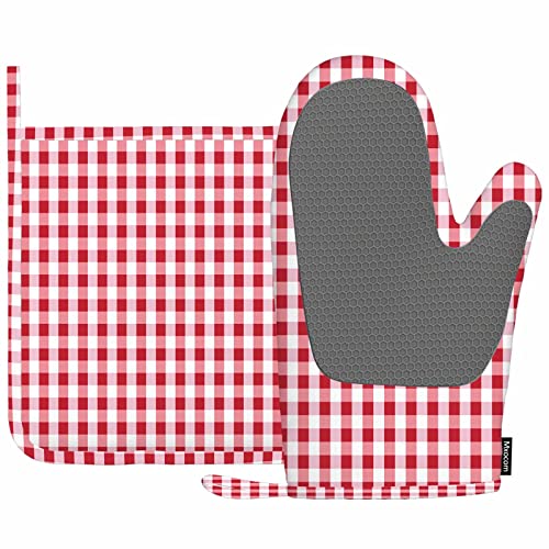 Mxocom Gingham Red White Checked Tartan Heat-Resistant Oven Mitts And Pot Holder Abstract Lattice Criss-Crossed Kitchen Non-Slip Cooking Microwave Gloves For Cooking Baking Grilling #TOP18