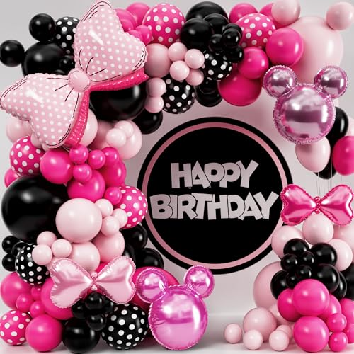 Kit de arco de globos de Minnie todo en 1 con lazo y globos de cabeza de ratón – Mini globos de ratón para decoraciones de cumpleaños y suministros de fiesta de cumpleaños para niña, fiesta de