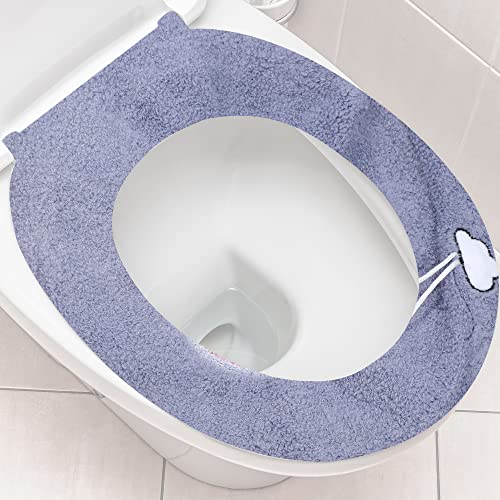 VOCOSTE 4 Stück dehnbarer, dicker WC-Sitzbezug, Deckel mit Griff, Badezimmerwärmer, weiches WC-Sitzkissen, waschbar, wiederverwendbar, Blau / Grau – Bild 7