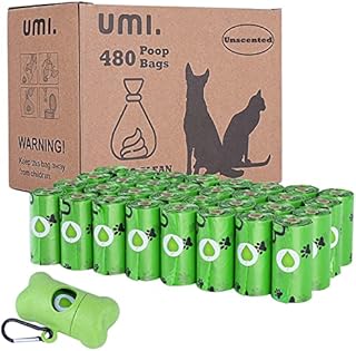 Amazon Brand  Umi Dog Poo Bags, 32 Rolls, 480-counts, 32 x 23cm Dog Poop Bags with Dispenser, Biodegradable and Compostable, Unscented, Extra Thick, Leak Proof, Pet Waste Bag for Dogs and Cats