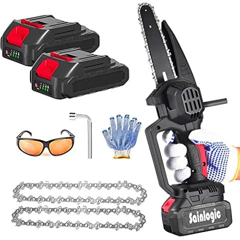 Sainlogic 6 Inch Mini Chainsaw with Battery and Charger, Cordless Motor Chainsaw Safety Lock, One Hand Chainsaw with 2x3000mAh Battery and Charger, Small Hand Chainsaw for Cutting Trees, Black Cover
