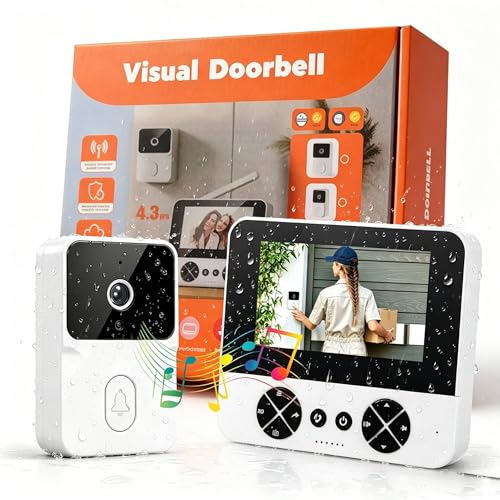 Sonnette avec Caméra 4,3 Pouces Écran, Angle Large 80°, Sonnette Sans Fil Exterieur Etanche 1080p Hd, Visiophone Sans Fil Infrarouge Nuit, Audio...