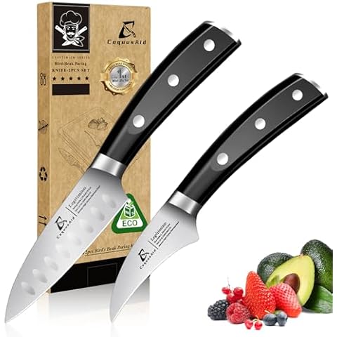 Paring Knife Set, 2PCS Small Kitchen Knives for Fruit, 3.8 Inch Fruit Knives and 2.75 Inch Bird Beak Peeling Knife, Premium Germany Stainless Steel Ergonomic Handle, Elegant Black Ideal for Gift Cover