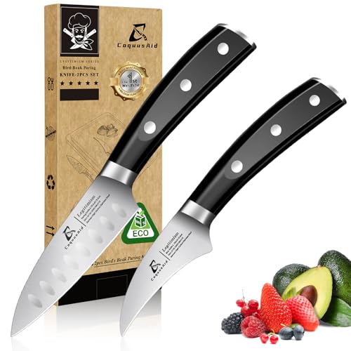 Image of CoquusAid Paring Knife Set, 2PCS Small Kitchen Knives, Black | 3.8 inch Fruit and 2.75 inch Bird Beak Peeling Knife, Sharp Premium Germany Stainless Steel Ergonomic Handle, Elegant Ideal for Gift