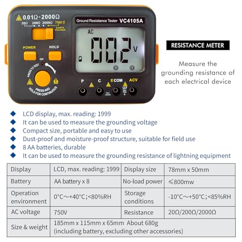Skycenx VC4105A Earth Resistance Tester Digital Grounding Resistance Meter 20/200/2000Ω Ground Resistance 750V Ac Voltage Measure Backlight Lcd Display Data Hold thumb #1