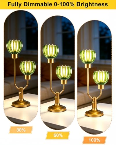 Image of Lightdot Green Glass Flower Table Lamp for Living Room Dimmable Gift | Bulbs Included Mid Century Modern Vintage Gold Desk Lamp Warmwhite Ambient Nightstand Bedside Lamp for Bedroom Home Decor