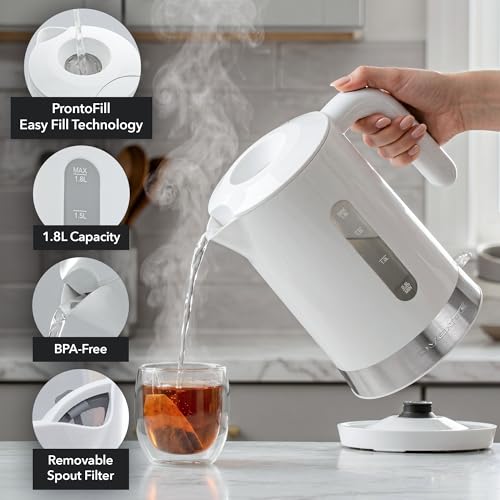 Image of OVENTE 1.8L Electric Kettle, BPA-Free with Easy-Fill Lid, White KP413W | 1500W Fast Boiling Water Heater, Auto Shut-Off, Boil-Dry Protection, 360 Swivel Base, Clear-View Window, Removable Filter