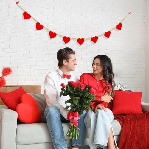 Image of Valentines Garland Decorations Banner, Pre-Assembled Wooden Hearts with Wooden Bead Garland for Valentines Day Decor, Hanging Banner for Mantel Home Fireplace Wall Party Decor