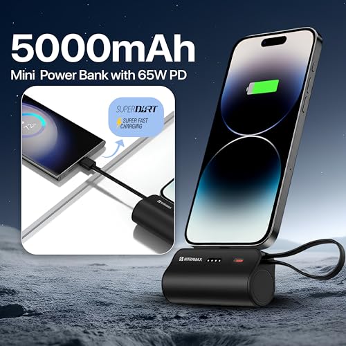 Image of Mini Power Bank, 5000mAh, 65W PD Super Fast Charging, Black, with Wrist Strap, for Travel and Everyday Use