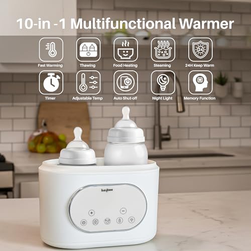 Image of Baybee Duowarm 10-in-1 Baby Bottle Warmer for Baby Milk & Food | Electric Double Bottle Sterilizer for Baby Products with LED Touch, Timer, Auto Shut-Off, Night Light - Defrost, Sterilize, Heater, Thawing & Steam Food