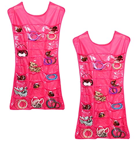 Set om 2 – 75 cm x 42 cm, smyckesförvaring, kedjor med 30 fack, smyckeshängare, klänning för örhängen, halsband | smyckesorganisering för smyckestillbehör | Garderob förvaringsväska rosa, Polyester