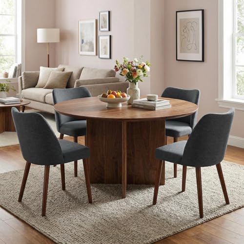 GarveeHome Linen Dining Chairs Set of 4 Upholstered Fabric Dining Chair with Wood Legs, Wing Backrest, Wooden Kitchen Chairs with Thick Cushions, Leve