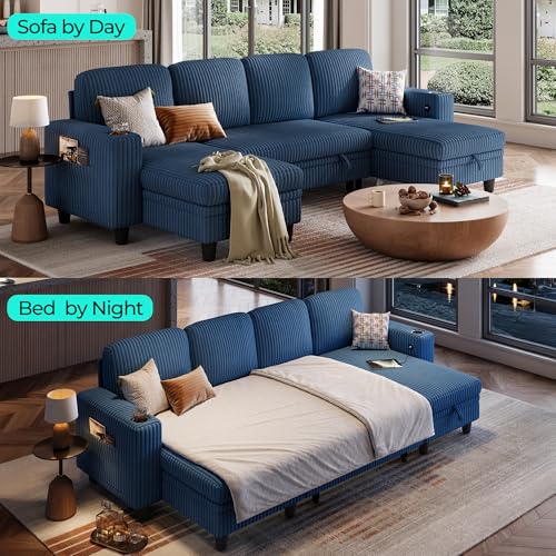 Image of LINSY HOME Sectional Sleeper Sofa Pull Out Couches for Living Room (Blue, Sleeper Sofa 3) | Pull Out Sofa Bed, Storage, USB Charging, Cup Holders, Plush Corduroy