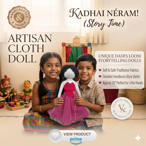 Image of Handcrafted Indian Rag Doll Set, Pink Soft Cotton Fabric Cloth Dolls with Yarn Hair, Traditional South Indian Dolls for Kids, Decor & Gifting