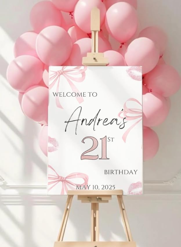 Personalized 21st Birthday Welcome Sign Pink Bow, Custom Party Entrance Sign, Elegant 21st Birthday Decor, Birthday Celebration Poster, 21st 22nd