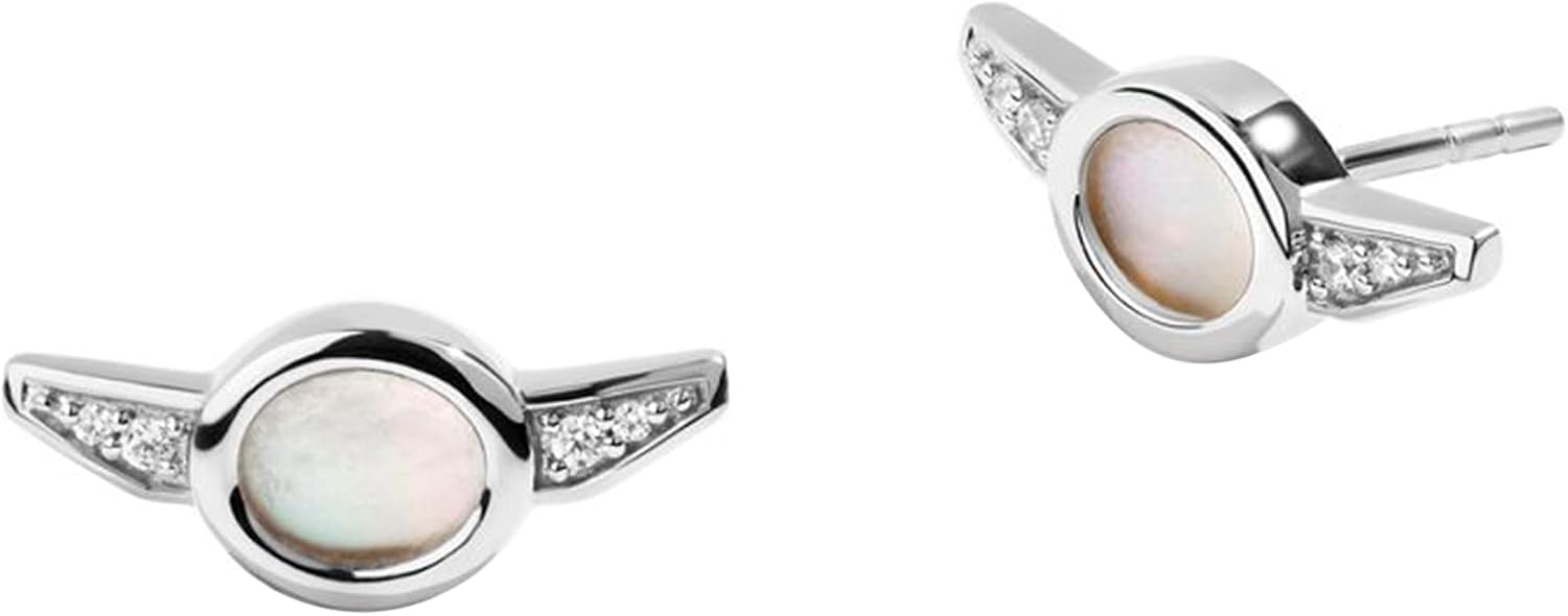 Jewelili Star Wars Fine Jewelry Grogu Women's Earrings Diamond Accent and Mother Of Pearl, Sterling Silver