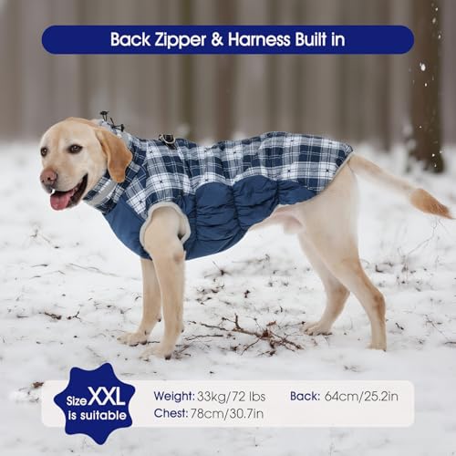 Image of FUAMEY Dog Cold Weather Coats Reflective Dog Warm Jacket with Harness | Fleece Winter Coat for Medium Dogs Snow Puffer Vests with Zipper Reflective Turtleneck Jackets for Winter Blue Plaid M