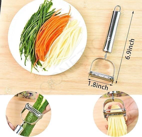 Image of Sunkuka 2-in-1 Stainless Steel Vegetable Peeler & Julienne Slicer with Cleaning Brush- Durable Julienne Cutter for Carrots & Zucchini Noodles - Multi-Functional Fruit & Veggie Shredder Peeler Tool