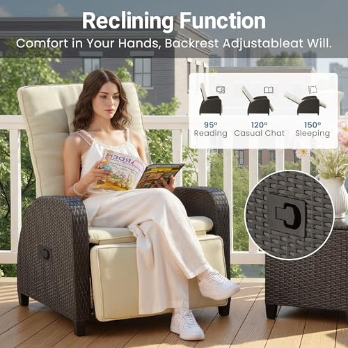 Green4ever 3-Peices Outdoor Patio Recliner with Adjustable Backrest, All-Weather Wicker Patio Chair with Side Table, 160° Lay Flat Patio Reclining Lounge Chair for Backyard Garden, Beige by Green4ever - Image 3