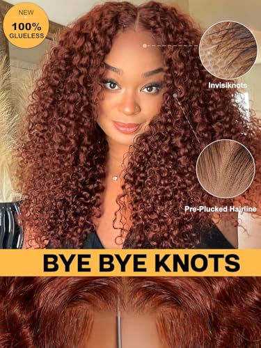 Image of 7x5 Curly Reddish Brown Glueless Wigs Human Hair Pre Plucked Pre Cut 22 Inch Put on and Go HD Lace Front Wig 180% Density Upgrade Bye Bye Slip Drawstring Curly Human Hair Finger Curls Wigs for Women