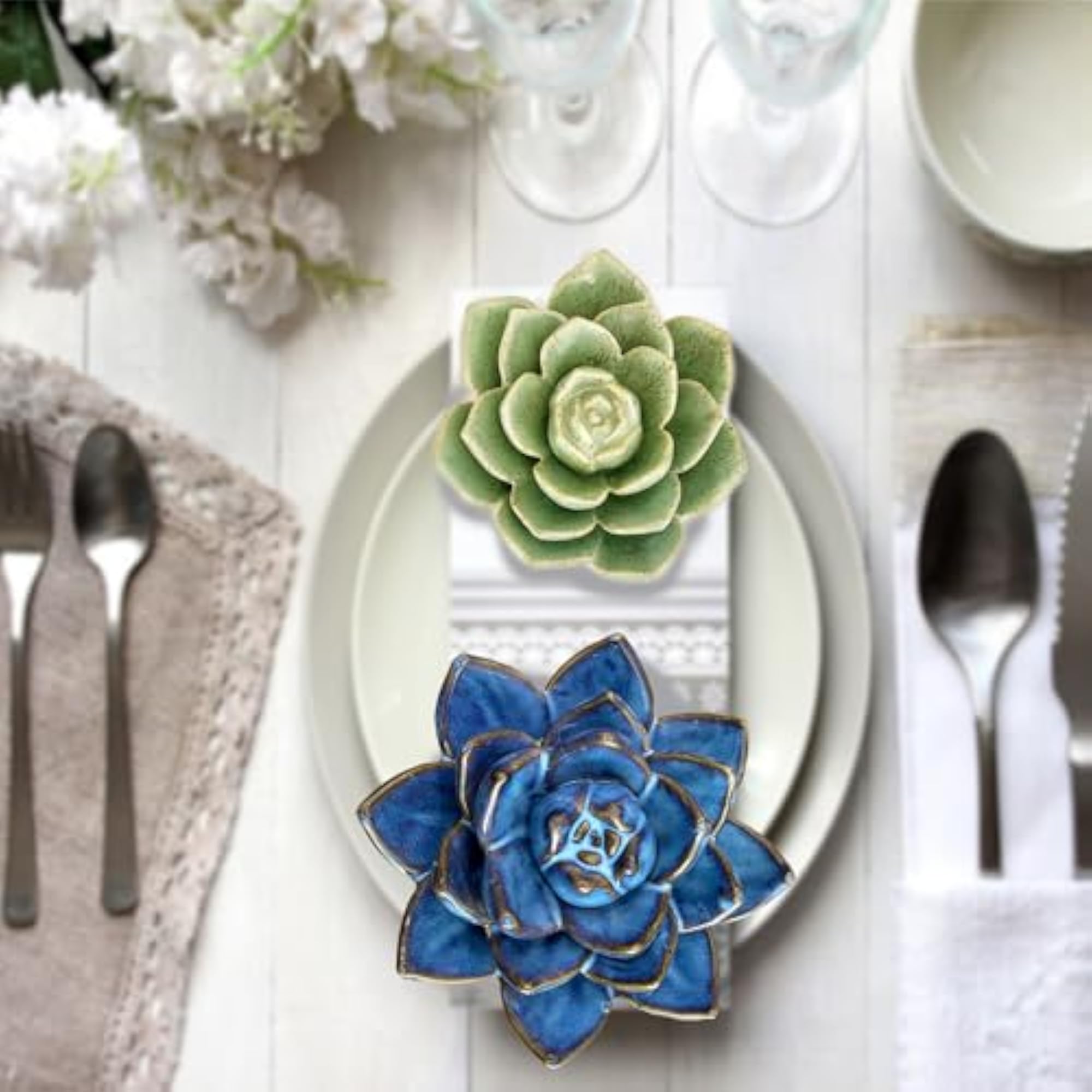 Ceramic Succulent Flower Table Centerpiece, Blue