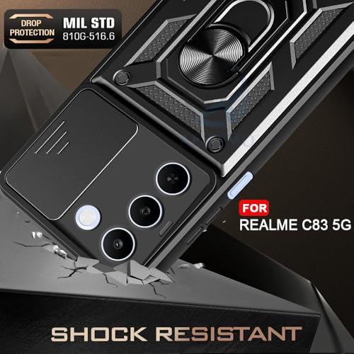 Image of AESTMO Tough Armor Realme C83 5G / Realme P4 Lite 5G Bumper Back Case Cover | Ring Holder & Sliding Camera Shield Cover | 360 Degree Protection Back Case Cover (Black)