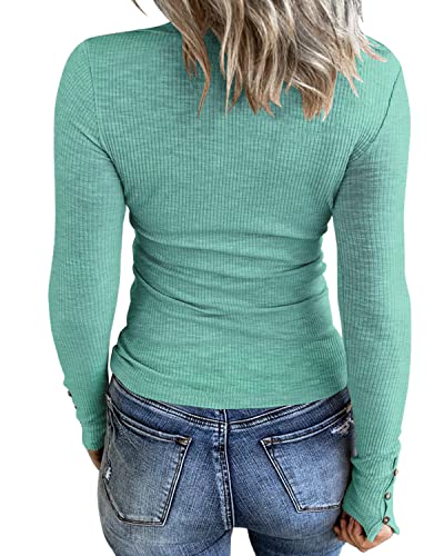 KINLONSAIR Women’s Long Sleeve Henley T Shirts Button Down Slim Fit Tops Scoop Neck Ribbed Knit Shirts