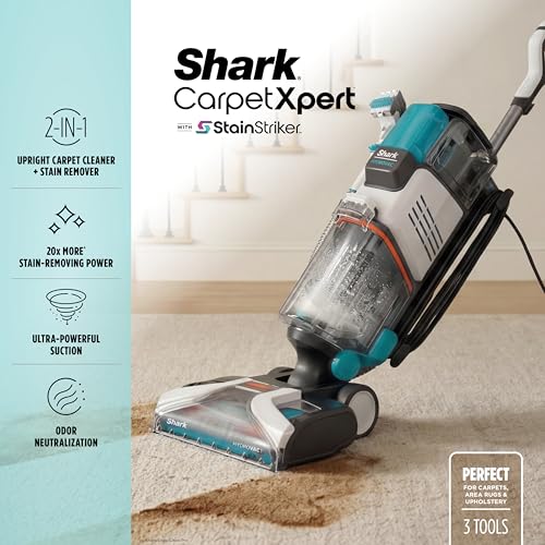 Shark CarpetXpert | Upright Carpet, Area Rug & Upholstery Cleaner | Carpet Shampooer with StainStriker Handheld Tough Stain Eliminator | Removes Tough Stains & Odors | 3 Cleaning Tools | White | EX201