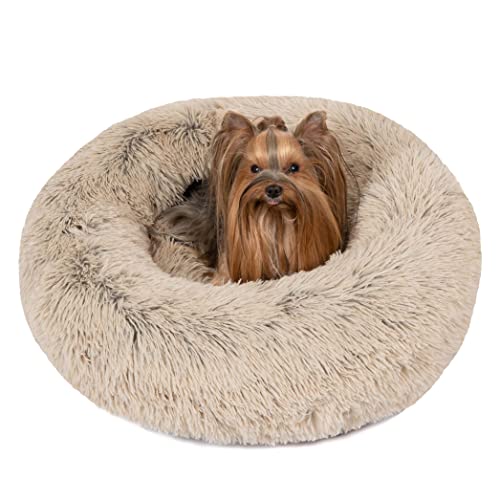 Friends Forever Coco Donut Dog Bed, Soft Faux Fur Cat Couch For Indoor Pet, Fluffy Calming Plush Shag, Round Raised Rim Bolster Cushion, Machine Washable Cuddler, Self Warming, 23X23, Tan #TOP1