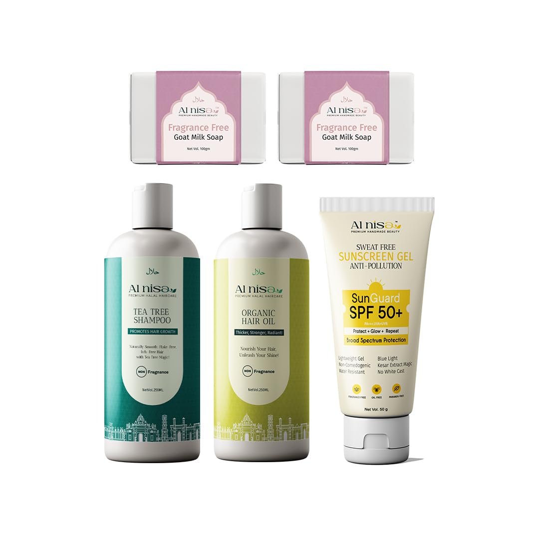 Hajj/Umrah Kit Fragrance Free Goat Milk Handmade Soap Set of 2 100gm each x 2 and Organic Hair Oil 250ml with Sweat Free Sunscreen Gel Spf 50gm Herbal Hair Shampoo 250ml Combo Set of 5