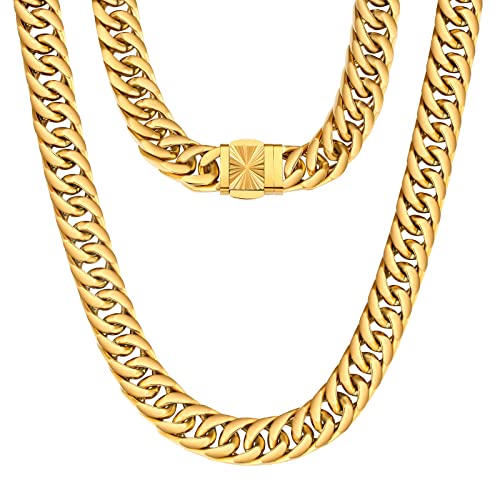 KRKC&CO 12/14mm Men's Cuban Link Chain,18k Gold Plated Big Necklace, Thick Miami Chain, Hip Hop, Solid No Tarnish, Durable, For Him Boyfriend, Rapper, Boyï¼4-Side Cut)
