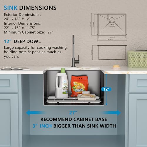 Image of 24 inchx18 inch Undermount Laundry Utility Sink - Gunmetal Black NANO-PVD, 16 Gauge 304 Stainless Steel, 12 Inch Deep Single Bowl Under Counter Basin for Laundry Room, RV or Utility Use