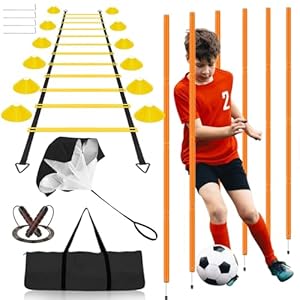 Agility Ladder Speed Training Equipment Set-20ft Agility Ladder, 6 Agility Poles, 12 Soccer Cones, Running Parachute, Jump Rope| Basketball Football Soccer Training Equipment for Kids Youth Adults