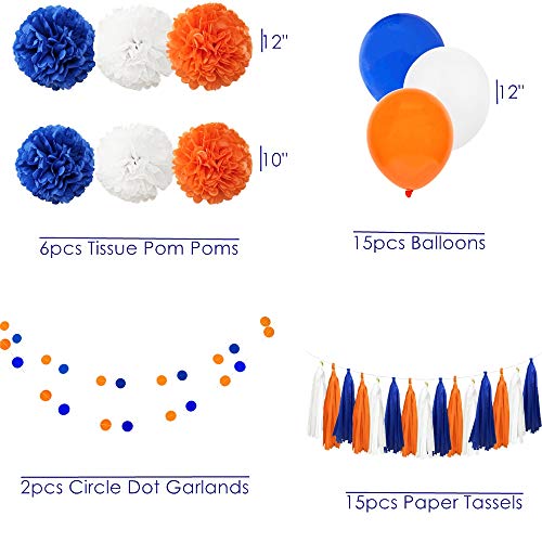 Carnival Navy Blue Orange White 38pcs American Birthday Bachelorette Baby Shower Wedding Party Decoration Kit - - 12" 10" Tissue Pom Pom, 12' Latex Balloon, Paper Tassel, Circle Dot Garland - Image 7