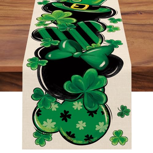 Seliem St. Patrick's Day Table Runner, Shamrock Clover Top Hat Stripes Ladybug Kitchen Dining Table Decor, Irish Spring Home Decoration Indoor Outdoor Party Supply 13 x 60 Inches